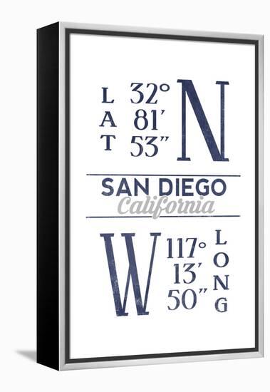 San Diego, California - Latitude and Longitude (Blue)-Lantern Press-Framed Stretched Canvas