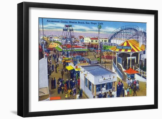 San Diego, California - Mission Beach Amusement Center Scene-Lantern Press-Framed Art Print
