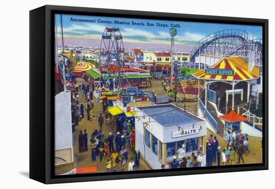 San Diego, California - Mission Beach Amusement Center Scene-Lantern Press-Framed Stretched Canvas