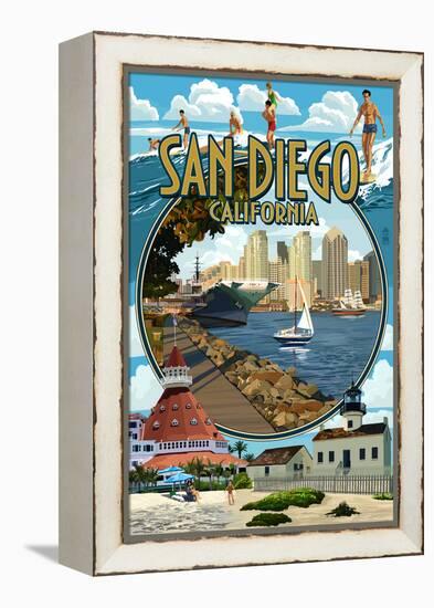 San Diego, California Montage-Lantern Press-Framed Stretched Canvas
