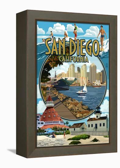 San Diego, California Montage-Lantern Press-Framed Stretched Canvas