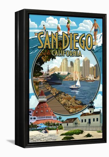 San Diego, California Montage-Lantern Press-Framed Stretched Canvas