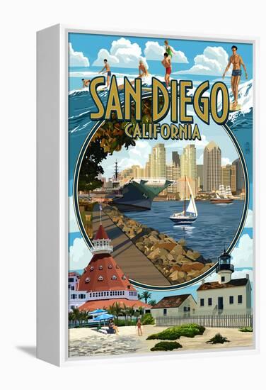 San Diego, California Montage-Lantern Press-Framed Stretched Canvas