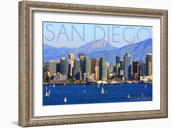 San Diego, California - Mountains and Sailboats-Lantern Press-Framed Art Print
