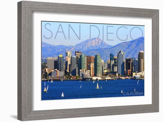 San Diego, California - Mountains and Sailboats-Lantern Press-Framed Art Print