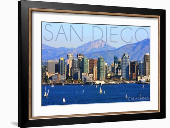 San Diego, California - Mountains and Sailboats-Lantern Press-Framed Art Print