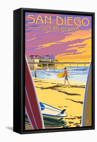 San Diego, California - Ocean Beach-Lantern Press-Framed Stretched Canvas