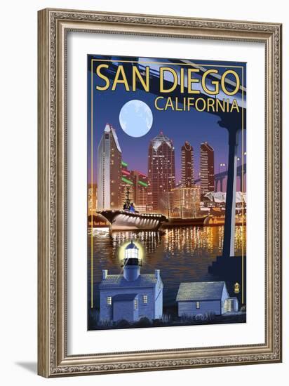 San Diego, California - Skyline at Night-Lantern Press-Framed Art Print