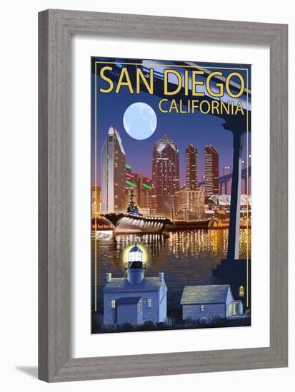 San Diego, California - Skyline at Night-Lantern Press-Framed Art Print