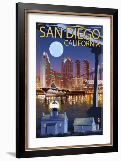 San Diego, California - Skyline at Night-Lantern Press-Framed Art Print