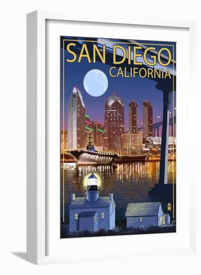 San Diego, California - Skyline at Night-Lantern Press-Framed Art Print