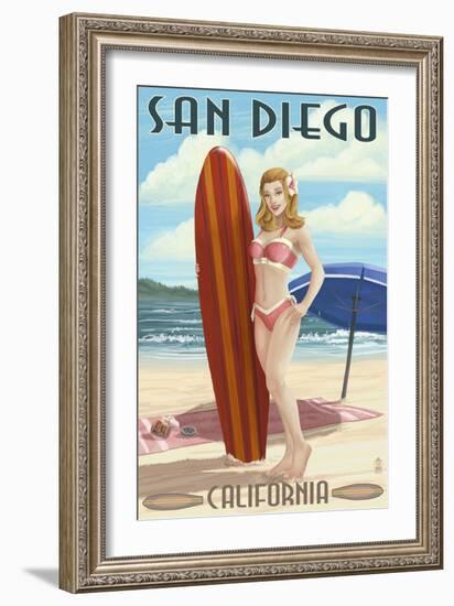 San Diego, California - Surfer Pinup-Lantern Press-Framed Art Print