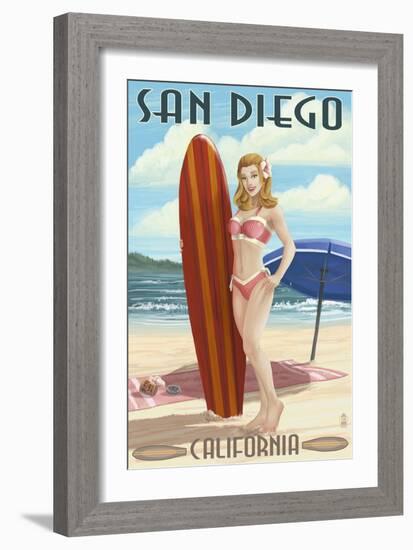 San Diego, California - Surfer Pinup-Lantern Press-Framed Art Print