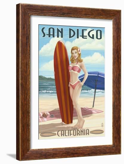 San Diego, California - Surfer Pinup-Lantern Press-Framed Art Print