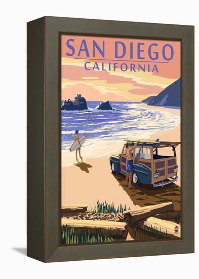 San Diego, California - Woody on Beach-Lantern Press-Framed Stretched Canvas