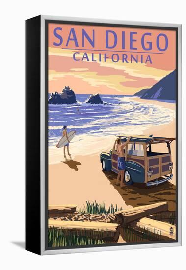 San Diego, California - Woody on Beach-Lantern Press-Framed Stretched Canvas