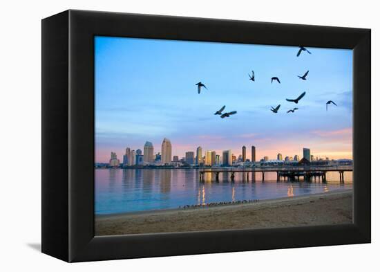 San Diego City Scape at Dawn with Seagulls Flying in the Foreground-pdb1-Framed Premier Image Canvas