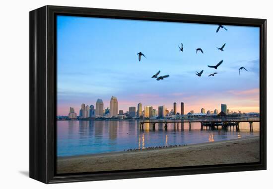 San Diego City Scape at Dawn with Seagulls Flying in the Foreground-pdb1-Framed Premier Image Canvas