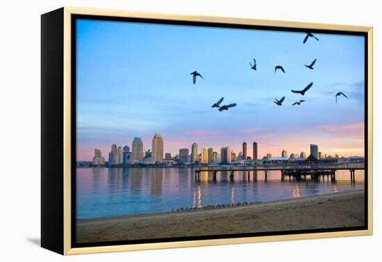 San Diego City Scape at Dawn with Seagulls Flying in the Foreground-pdb1-Framed Premier Image Canvas