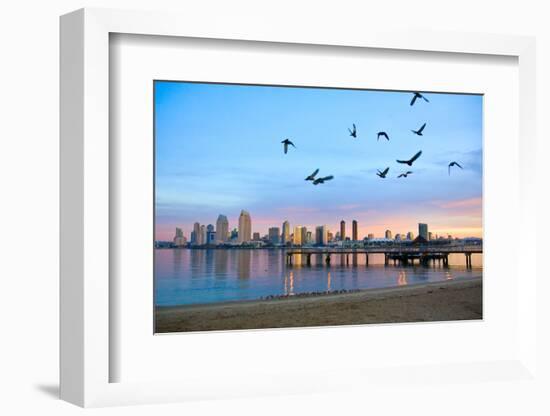 San Diego City Scape at Dawn with Seagulls Flying in the Foreground-pdb1-Framed Photographic Print