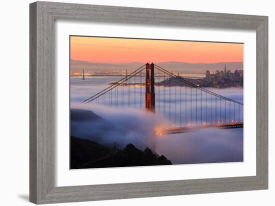 San Francisco At Sunrise, Behind The Golden Gate Bridge And A Low Blanket Of Fog-Joe Azure-Framed Photographic Print