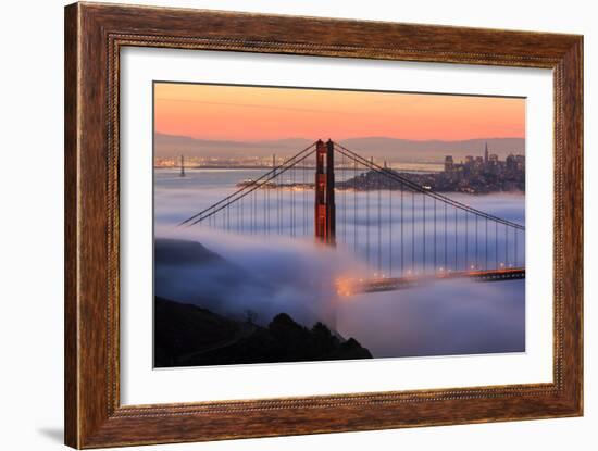 San Francisco At Sunrise, Behind The Golden Gate Bridge And A Low Blanket Of Fog-Joe Azure-Framed Photographic Print