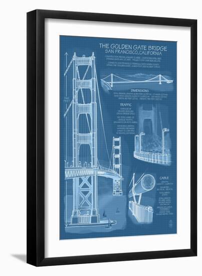 San Francisco, CA, Golden Gate Bridge Technical Blueprint-Lantern Press-Framed Premium Giclee Print