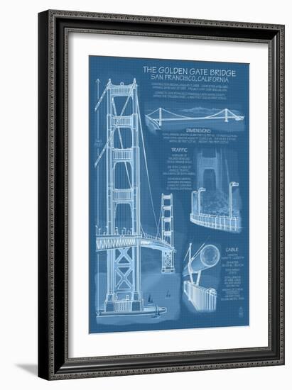 San Francisco, CA, Golden Gate Bridge Technical Blueprint-Lantern Press-Framed Premium Giclee Print