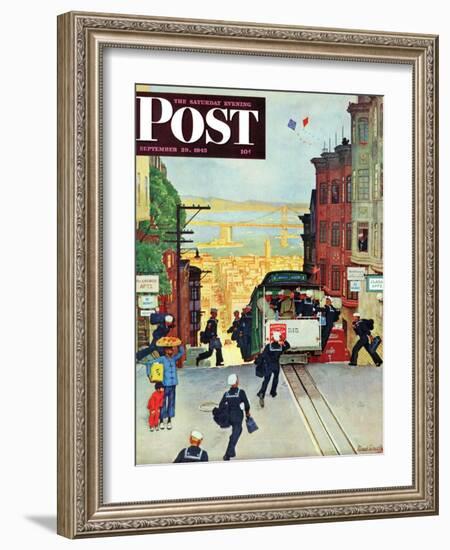 "San Francisco Cable Car," Saturday Evening Post Cover, September 29, 1945-Mead Schaeffer-Framed Giclee Print