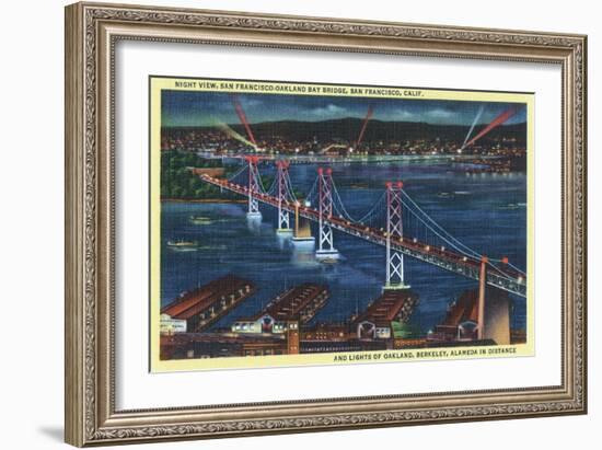 San Francisco, California - Aerial View of Bay Bridge at Night-Lantern Press-Framed Art Print