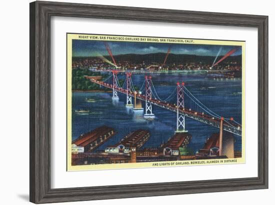 San Francisco, California - Aerial View of Bay Bridge at Night-Lantern Press-Framed Art Print