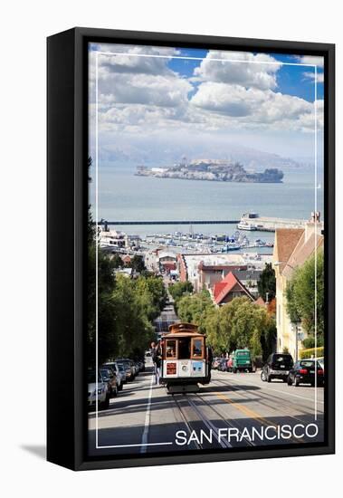 San Francisco, California - Cable Car and Alcatraz Island-Lantern Press-Framed Stretched Canvas