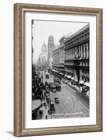 San Francisco, California - Emporium and Market Street Cable Cars-Lantern Press-Framed Art Print