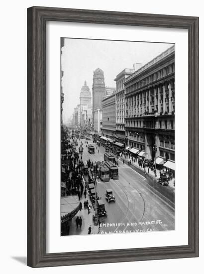 San Francisco, California - Emporium and Market Street Cable Cars-Lantern Press-Framed Art Print