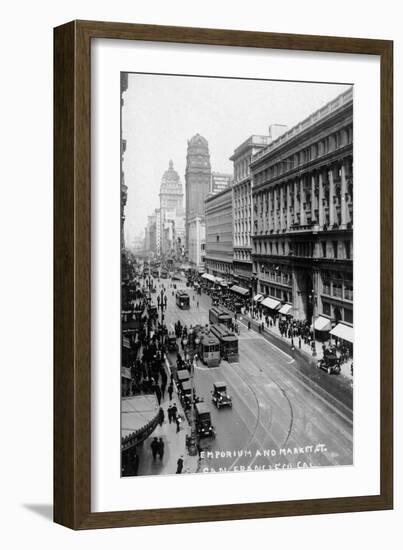 San Francisco, California - Emporium and Market Street Cable Cars-Lantern Press-Framed Art Print