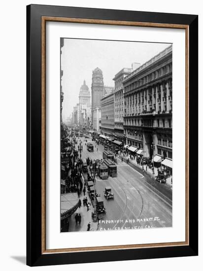 San Francisco, California - Emporium and Market Street Cable Cars-Lantern Press-Framed Art Print