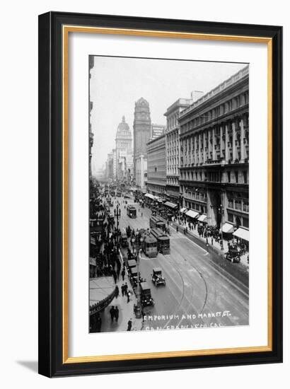 San Francisco, California - Emporium and Market Street Cable Cars-Lantern Press-Framed Art Print