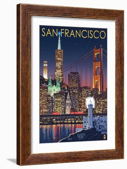San Francisco, California Skyline at Night-Lantern Press-Framed Art Print