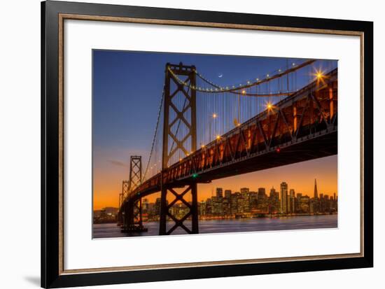 San Francisco Cityscape, Bay Bridge and Crescent Moon-Vincent James-Framed Premium Photographic Print