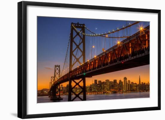 San Francisco Cityscape, Bay Bridge and Crescent Moon-Vincent James-Framed Premium Photographic Print