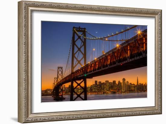 San Francisco Cityscape, Bay Bridge and Crescent Moon-Vincent James-Framed Photographic Print