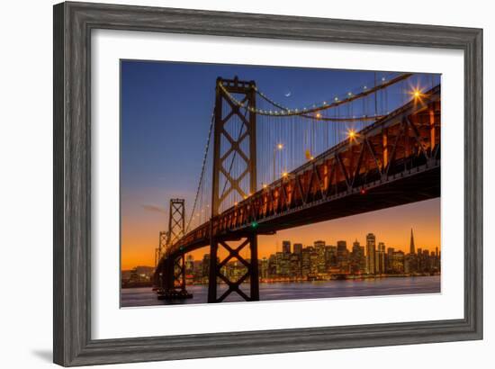 San Francisco Cityscape, Bay Bridge and Crescent Moon-Vincent James-Framed Photographic Print