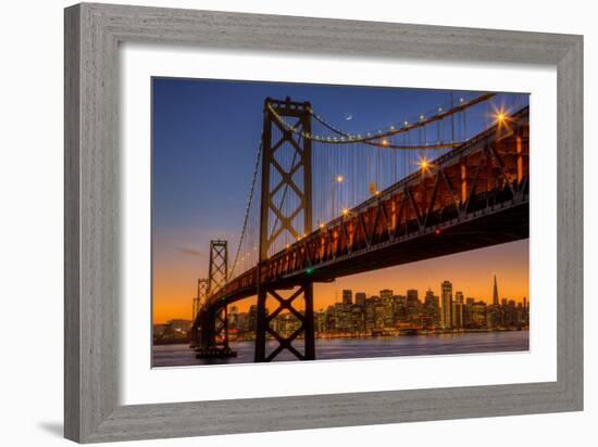 San Francisco Cityscape, Bay Bridge and Crescent Moon-Vincent James-Framed Photographic Print