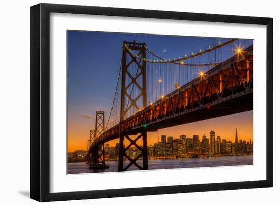 San Francisco Cityscape, Bay Bridge and Crescent Moon-Vincent James-Framed Photographic Print