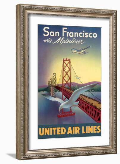 San Francisco via Mainliner - United Air Lines - San Francisco–Oakland Bay Bridge-William Lawson-Framed Art Print