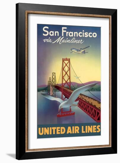 San Francisco via Mainliner - United Air Lines - San Francisco–Oakland Bay Bridge-William Lawson-Framed Art Print