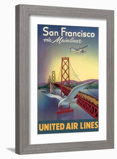 San Francisco via Mainliner - United Air Lines - San Francisco–Oakland Bay Bridge-William Lawson-Framed Art Print