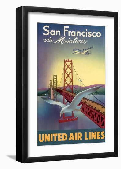 San Francisco via Mainliner - United Air Lines - San Francisco–Oakland Bay Bridge-William Lawson-Framed Art Print