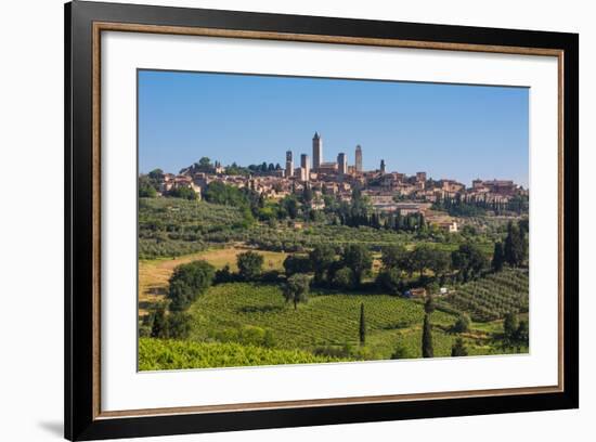 San Gimignano, Siena Province, Tuscany, Italy. Fields surrounding the medieval town famous for i...-null-Framed Photographic Print