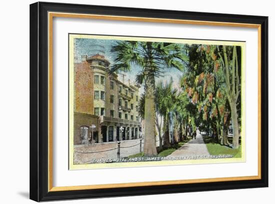 San Jose, California - North 1st Street View of St. James Hotel and Park-Lantern Press-Framed Art Print